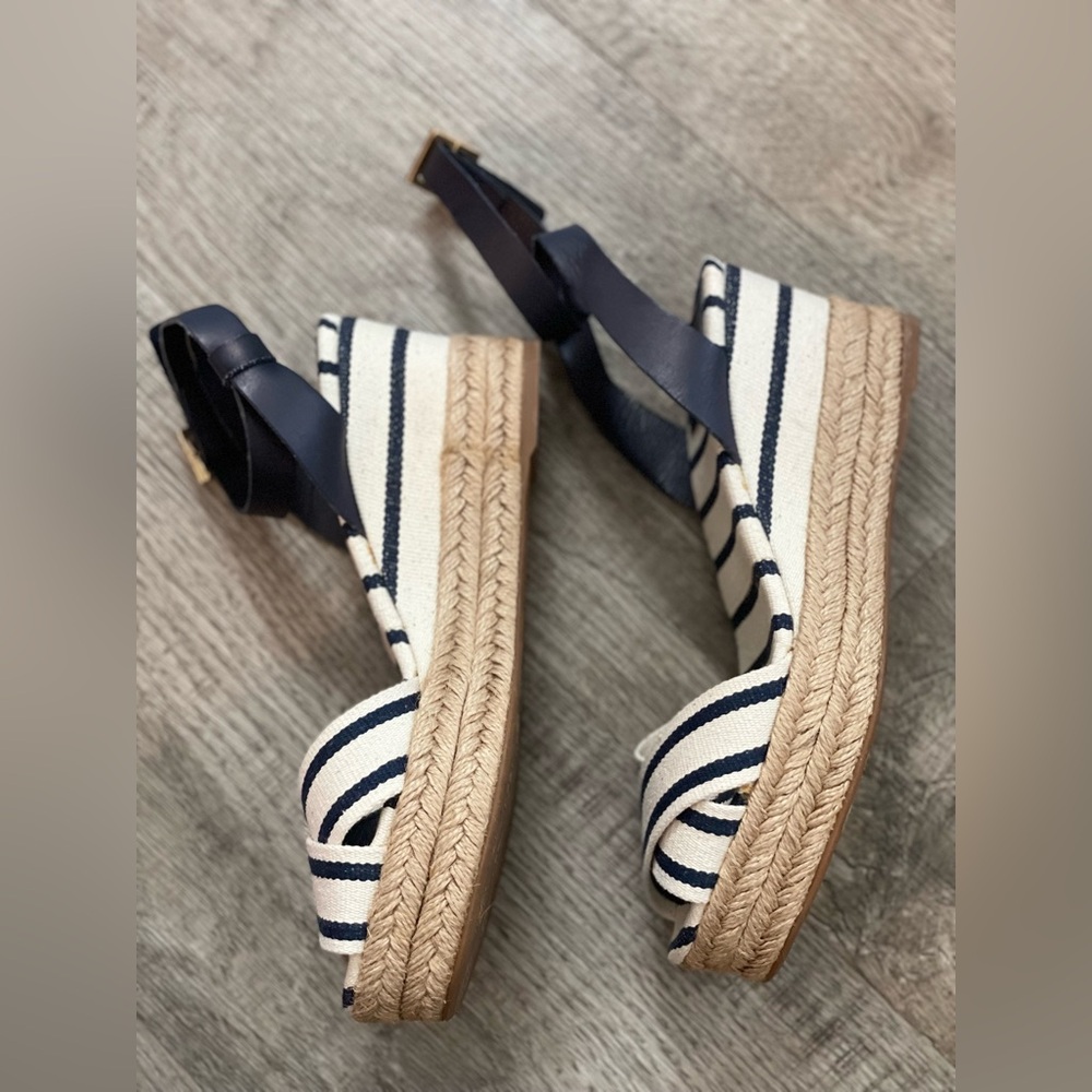 Tory Burch Navy and White Striped Espadrille Wedge Sandals - Picture 3 of 11